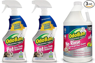 OdoBan Pet Solutions Oxy Stain Remover, Made in the USA, 2-Pack, 32 Ounce Sprays Each, and Neutral pH Floor Cleaner Concentrate, 1 Gallon