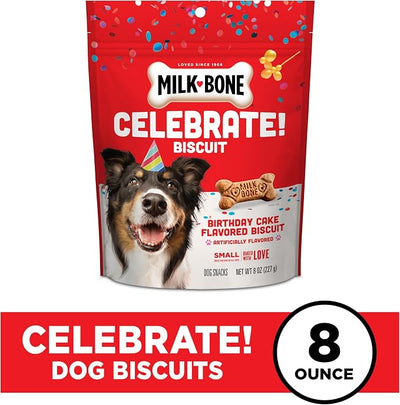 Milk-Bone Celebrate Birthday Cake Artificially Flavored Biscuits, Small Dog Treats, 8 oz. Bag (Pack of 2)