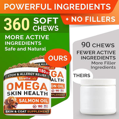 StrellaLab Omega 3 for Dogs - (360Ct) Fish Oil Treats - Allergy & Itch Relief Skin & Coat Supplement - Dry Itchy Skin, Anti Shedding & Hot Spots Treatment - Pet Salmon Oil Chews - Salmon Flavor