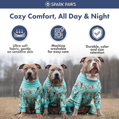 Spark Paws Dog Pajama, Dog Recovery Suit Male, Onesie, Ultra-Soft and 4-Way Stretch, for Small Medium and Large Breeds - Monkey Business - S