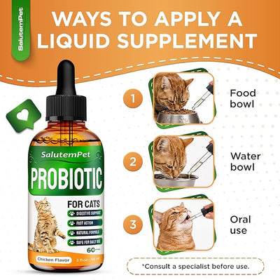 Probiotics for Cats for Digestive Support – Cat Probiotics for Indoor Cats Help with Colic, Upset Stomachs, Diarrhea, Gas, and Bloating – Prebiotics + Pleasant Chicken Flavor Inside – 2 Oz
