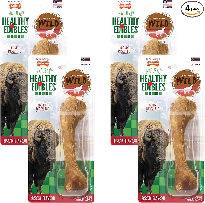 Healthy Edibles Wild Natural Long-Lasting Bison Flavor Bone Chew Treats for Dogs, Large (1 Count) (Pack of 4)
