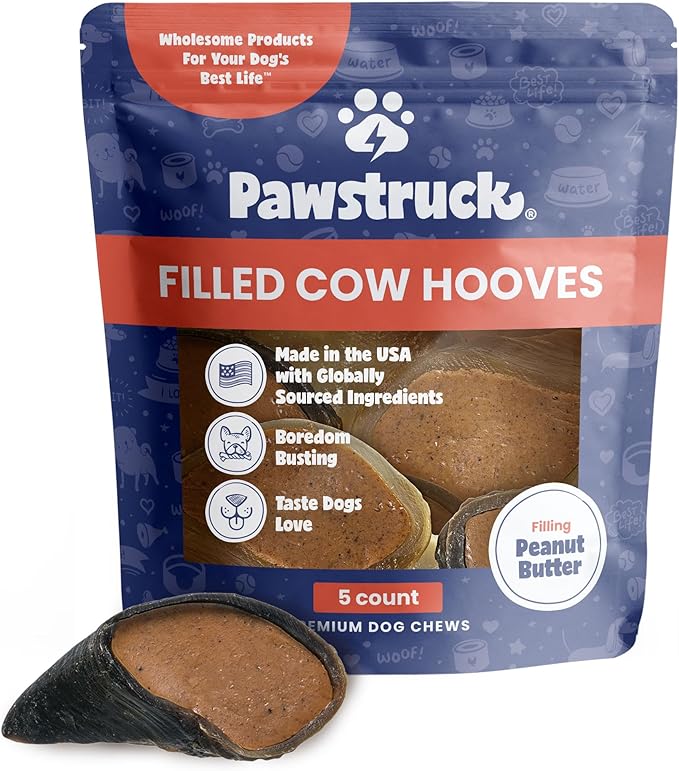 Peanut Butter Filled Cow Hooves for Dogs – Made in USA, Long-Lasting Dental Treats and Chews – Beef Hoof – 5 Count – Packaging May Vary