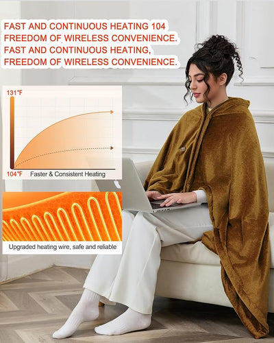Portable Cordless Heated Blanket, Wearable Electric Blanket with, (Battery Not Included)，USB Heated Shawl