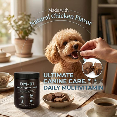 DM-01 Daily Multivitamin, Multivitamin Itch Relief Chews for Dog (Chicken) | with Folic Acid, Salmon Oil, Chondroitin & Natural Vitamins, Skin and Coat Healthy, Digestive & Boost Immunity, 60 Chews