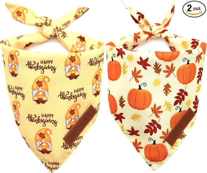 Realeaf Thanksgiving Dog Bandanas 2 Pack, Pumpkins and Happy Thanksgiving Pet Scarf for Boy and Girl, Premium Durable Fabric, Reversible Holiday Bandana for Medium and Large Dogs Pets (Large)