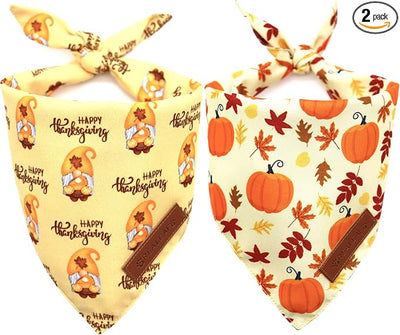 Realeaf Thanksgiving Dog Bandanas 2 Pack, Pumpkins and Happy Thanksgiving Pet Scarf for Boy and Girl, Premium Durable Fabric, Reversible Holiday Bandana for Medium and Large Dogs Pets (Large)