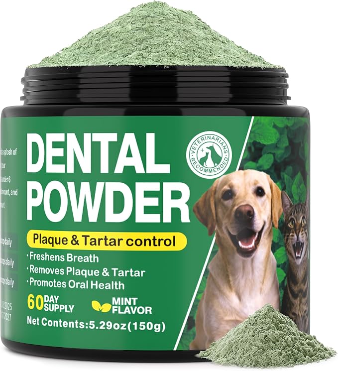 Dog Dental Powder for Teeth Cleaning - Fresh Mint Breath Freshener & Teeth Cleaner - Plaque & Tartar Remover Food Topper - No Brushing Oral Care Support for Bad Breath Control (150g)