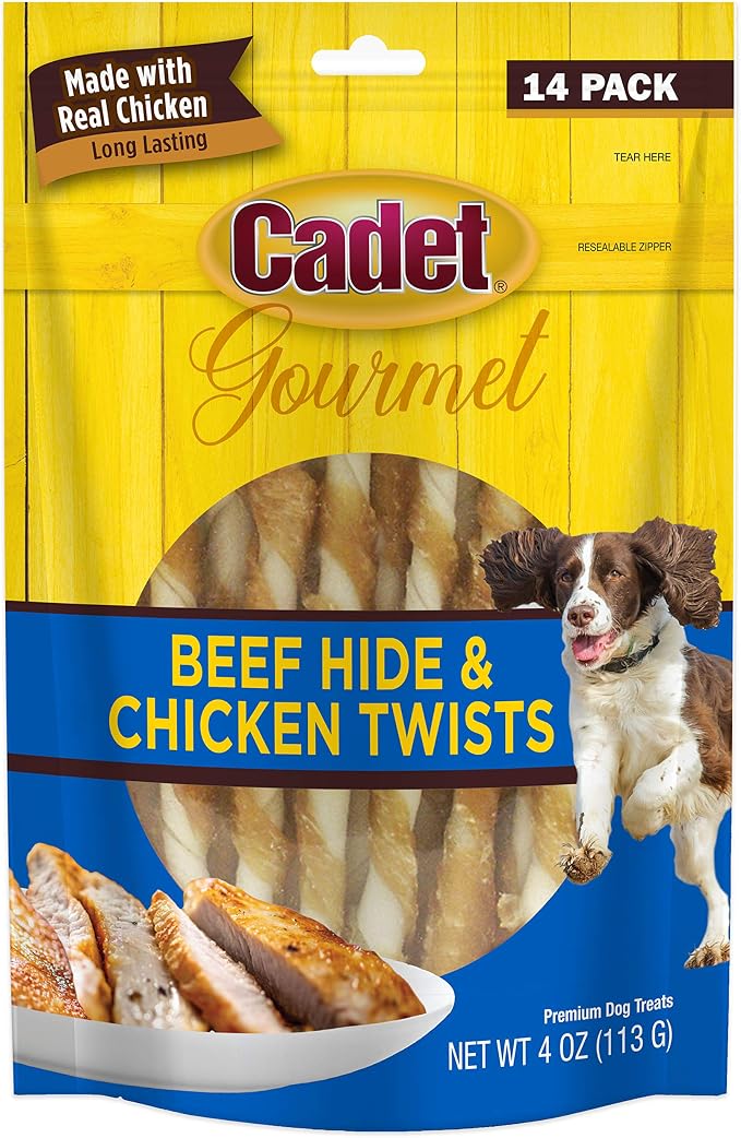 Gourmet Beef Hide Twist Chew Sticks, Long Lasting & Natural Chew Treats for Dogs, Inspected & Tested in USA, Chicken Flavor (14 Count)