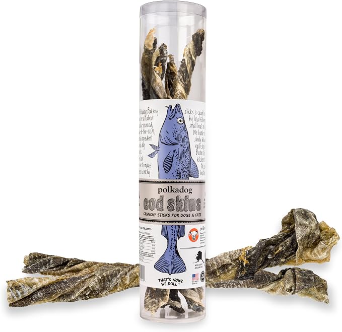 Polkadog Cod Skins for Dogs (4.7oz Regular) - Single Ingredient, Wild-Caught Fish Skin Natural Dog Treat Chews. High in Lean Protein & Omega 3. Hypoallergenic, Grain Free. Handcrafted & Made in USA