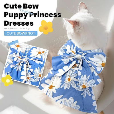 ABRRLO Cute Dog Dress Small Dog Clothes for Girls Female Puppy Outfits Floral Pet Summer Clothes Bowknot Doggy Harness Dress Cat Princess Dresses for Holiday Birthday Party (Blue Daisy, Small)