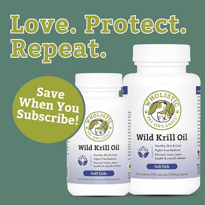 Wholistic Pet Organics Krill Oil for Dogs and Cats - Premium Antioxidant Support for Pets - Cat and Dog Skin and Coat Supplement with EPA, DHA, Astaxanthin - Omega 3 for Dogs and Cats - 60 Soft Gels