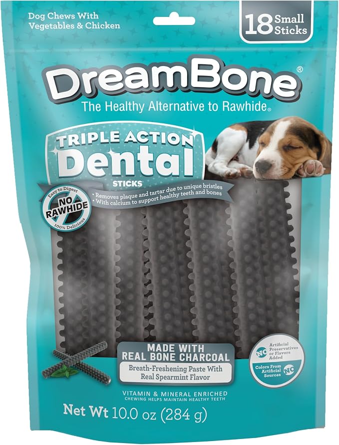DreamBone Triple Action Dental Sticks Charcoal, 18 Count, Rawhide-Free Chews for Small and Medium Sized Dogs Freshens Breath