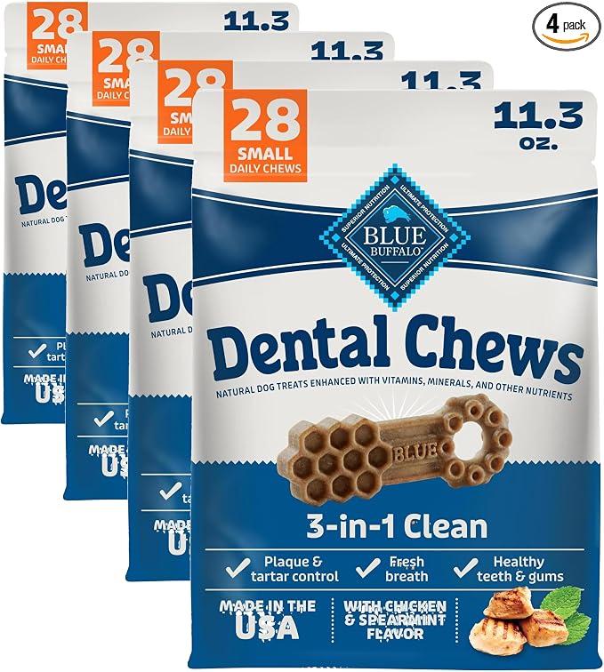 Blue Buffalo Dental Chews Small Natural Dog Treats, Chicken & Spearmint 11.3-oz Bag (28 Count) (Pack of 4)