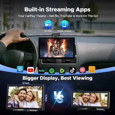 Volam 9'' Carplay Screen with Net-Flix YouTube and 1080P Backup Camera Upgraded Android Auto Screen Portable AI Magic Video Box Built-in Apps Voice Control Car GPS for iOS 10+ Android 11+