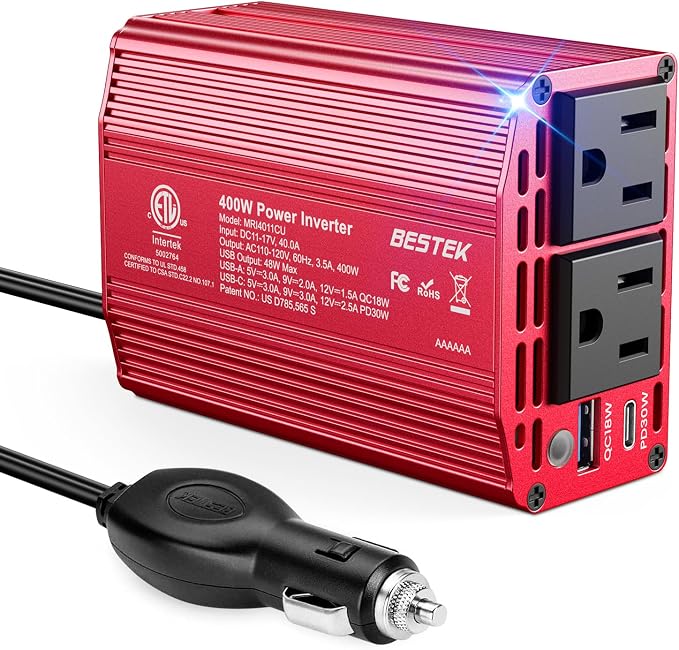 BESTEK 400W Car Power Inverter for Vehicles – DC 12v to AC 110v Car Plug Adapter Outlet with PD 30W USB-C &USB-A 3.0 Fast Charging, Car Charger Cigarette Lighter Adapter for Laptop, Road Trip, Camping