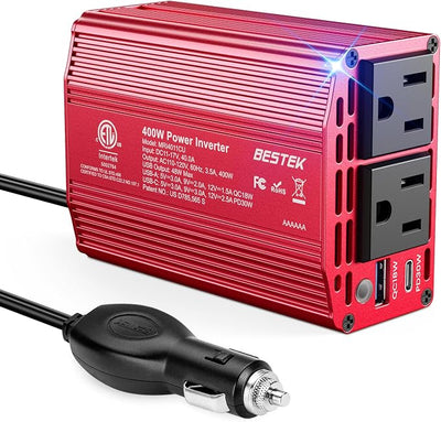 BESTEK 400W Car Power Inverter for Vehicles – DC 12v to AC 110v Car Plug Adapter Outlet with PD 30W USB-C &USB-A 3.0 Fast Charging, Car Charger Cigarette Lighter Adapter for Laptop, Road Trip, Camping