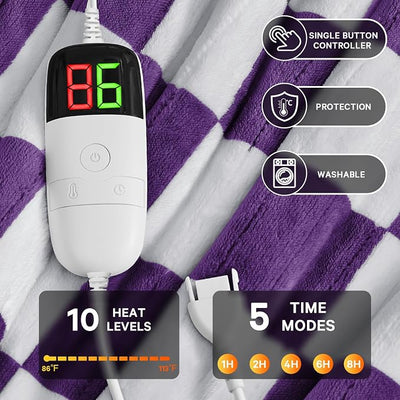 Heated Electric Blanket Throw, 50X60 Heating Blanket with 10 Heating Levels & 8 Hours Auto Off for Lap, Deep Purple Checkered Plaid Soft Sherpa Blankets, Gifts for Mom, Grandma Women Couch
