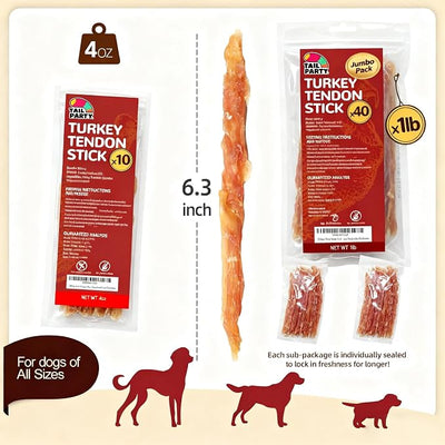 TailParty Turkey Tendons for Dogs (Strip, 1 lb), All Natural Dental Chews, Rawhide Alternative, Long-Lasting Training-Reward Treats for Health-Conscious Pet Owners(40 /Pack)