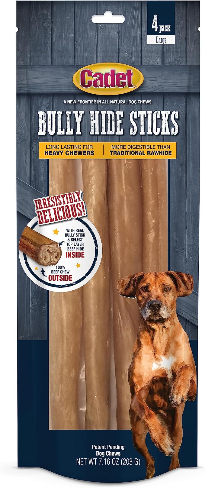 Bully Hide Sticks for Large Dogs, All-Natural Beef Pizzle, Limited-Ingredient Long-Lasting Dog Chews for Aggressive Chewers, 4 Count