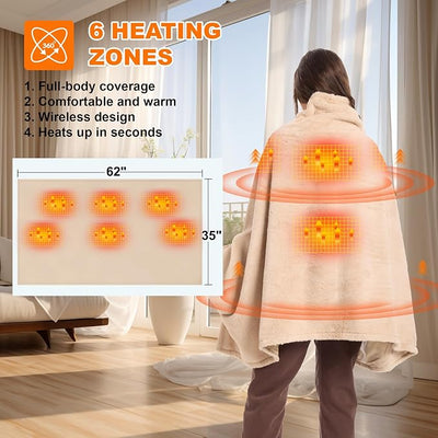 Heated Blanket Battery Operated with Fleece Lining 7.4V 16000mAh Battery 62" x 35" Heated Shawl Wraps for Women Men Cordless USB Outdoor Portable Electric Blanket 6 Heating Zones Khaki