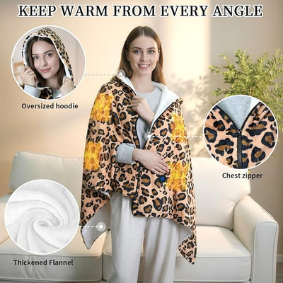 Leopard Print Electric Heated Shawl Blanket - Wearable USB Heating Pad for Neck & Shoulder, 1 Heat Level Soft Hoodie Throw, Type-C Portable Winter Gift for Women Travel Camping Bed