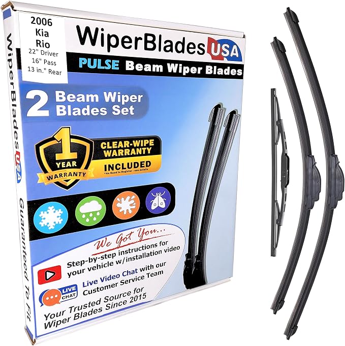 WiperBladesUSA Wiper Blades Set w/ 1yr warranty compatible with Kia Rio 2006 Wipers (Set of 3) w/Rear Wiper Pulse Wipers