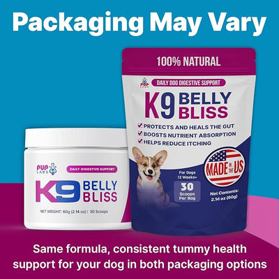 Pup Labs K9 Belly Bliss, All-Natural Gut Health for Dogs, Vet Approved Prebiotic for Dogs for Daily Digestive Support & Dog Constipation Relief, Topper for Dry & Wet Food, 3 Pack with 30 Scoops Each.