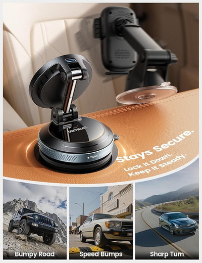 Lamicall 15W for MagSafe Car Mount Charger - Dual USB-C Ports, Magnetic Phone Holder for Car, Magnetic Wireless Car Charger, Vacuum Suction Cup Phone Mount for iPhone 17 Pro Max 16 15 Truck Jeep Black