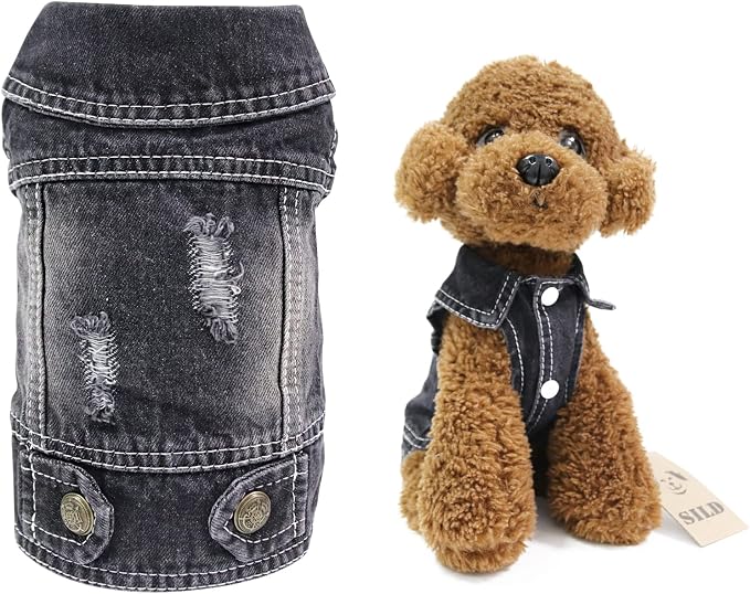 SILD Pet Clothes Dog Jeans Jacket Cool Denim Coat Small Medium Dogs Lapel Vests Classic Hoodies Puppy Black Vintage Washed Clothes (XL, Black)