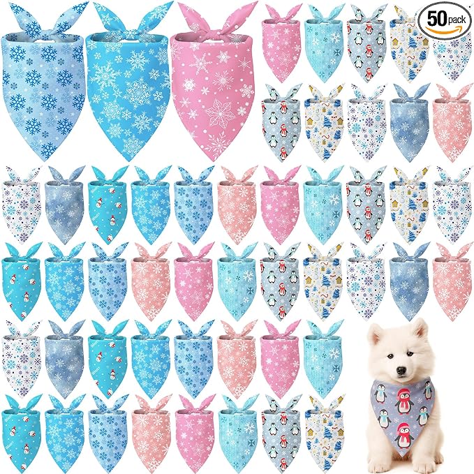 50 Pcs Winter Bandanas Bulk for Dogs Snowflake Cats Bandanas Charm Soft Triangle Bibs Adjustable Scarf for Small Medium Large Pets Winter Costume(19.7 x 13.8 x 13.8 Inch)