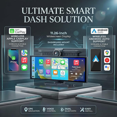 11.26" Carplay Screen for Car,4K Dash Cam,Portable Tablet for Apple Android Auto,Stereo Audio Radio,Rear Backup Camera,Voice Touch Control GPS Navigation,Bluetooth,Wireless Mirror for Truck
