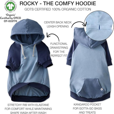 Pet Passion Rocky – The Original Lightweight Hooded Tee 100% Organic Cotton Dog Hoodie Pet Coat Sweater for All Sized Dogs, Original Navy Colorblock, XX-Large (70-110 lbs)