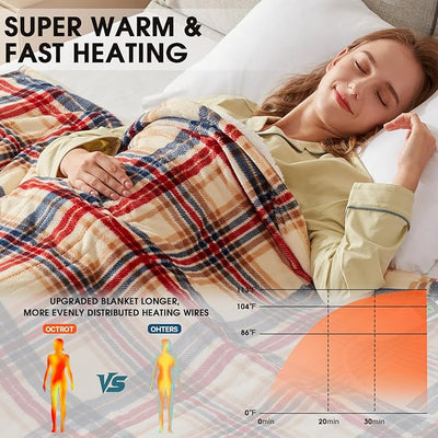 OCTROT Brown Heated Blanket Electric Throw, 50X60 Heating Blanket with 10 Heating Levels & 8 Hours Auto Off, Plaid Sherpa Blanket Warmer for Adults, Gifts for Mom, Farmhouse Home Decor for Couch