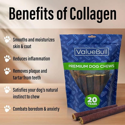 ValueBull Collagen Sticks for Dogs, 6 Inch Jumbo Chews, Natural Long-Lasting Dog Treats, 100 Count Bulk Pack - Supports Joints, Skin & Coat with Chondroitin & Glucosamine