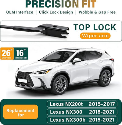 Windshield Wiper Blades Replacement for Lexus NX200t 2015-2017, NX300 2018-2021, NX300h 2015-2021 Original Factory Quality Front Rear Wiper Blade Set - 26" 16" 12" (Set of 3)