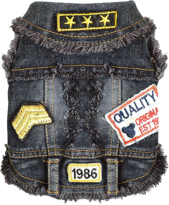 Cool Dog Jean Jacket Small Puppy Outfits Frenchie Clothes Denim Coats for Small Medium Dogs Cats Boys Girls Pet Vest Dog Shirt Clothing Doggy Costume (Black Print, S（Suggest 4-6 lbs）)