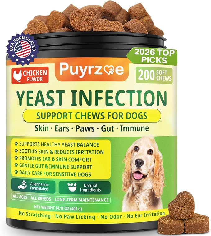 Yeast Infection Treatment for Dogs, Itchy Skin, Paw Licking, Ear Odor & Allergy Relief, Natural Dog Yeast Infection Treatment, 200 Soft Dog Yeast Treatment Chews with Probiotic, Chicken Flavor