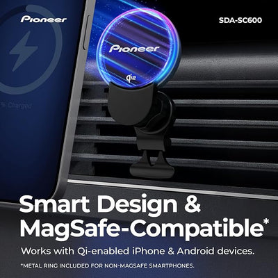 Pioneer Qi2 Wireless Car Charger and Magnetic Phone Holder Mount for Air Vent - MagSafe Compatible Car Phone Charger for iPhone and Android with Cooling Fan, RBG Illumination, Includes Metal Ring