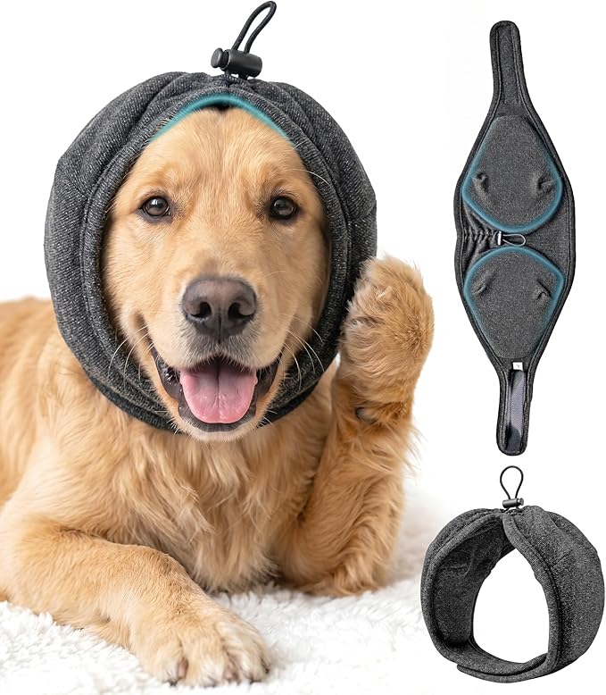 Dog Ear Muffs Cover - Dog Cat Ears Muffs for Bath Noise Protection Calming Cold Weather Anxiety Relief, Dark Grey Small Adjustable Top for Grooming Bathing Fireworks and Travel S