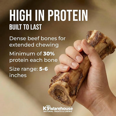 K9warehouse USA Marrow Bones for Dogs, 5-6" Smoked Beef Bone Marrow Dog Treats, 3 Count, All-Natural Real Bones, Long-Lasting Chew for Aggressive Chewers, High-Protein Dental Chews for All Breeds