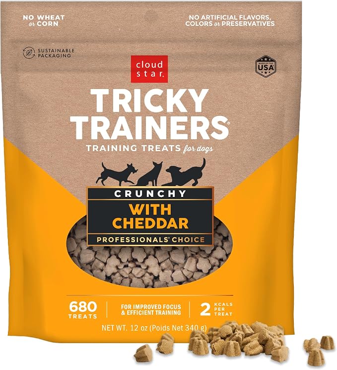 Tricky Trainers Crunchy Dog Training Treats 12 oz. Bag, Cheddar Flavor, Low-Calorie Behavior Aid with 680 Treats
