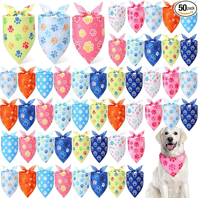 50 Pcs Paw Print Dog Bandanas Bulk Dog Bandanas for Dogs Soft Bibs Adjustable Triangle Bandana for Small Medium Large Costume(paw Pattern, 31.5 x 21.7 X21.7 Inch)