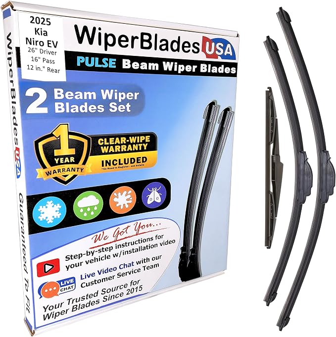 WiperBladesUSA Wiper Blades Set w/ 1yr warranty compatible with Kia Niro EV 2025 Wipers (Set of 3) w/Rear Wiper Pulse Wipers