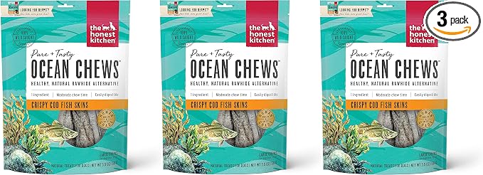 3 Pack of Crispy Cod Fish Skins Ocean Chews Single-Ingredient Dog Treats, 5.5 Ounces Each