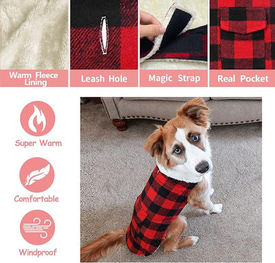 Malier Classic Plaid Fleece Dog Coat Jacket with Pocket, Windproof Warm Dog Coat Vest Winter Pet Clothes Apparel for Small Medium Large Dogs (Red, XX-Large)