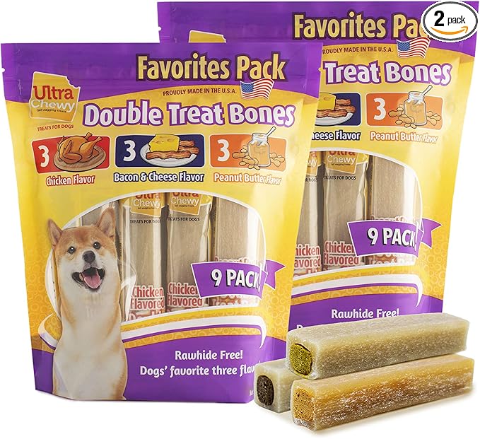 Ultra Chewy Favorites Double Treat Bones, Made in The USA, Healthy Treats, Easy to Digest, Promotes Dental Health (Assorted Flavors, 2 Packs/9 Bones Per Pack)
