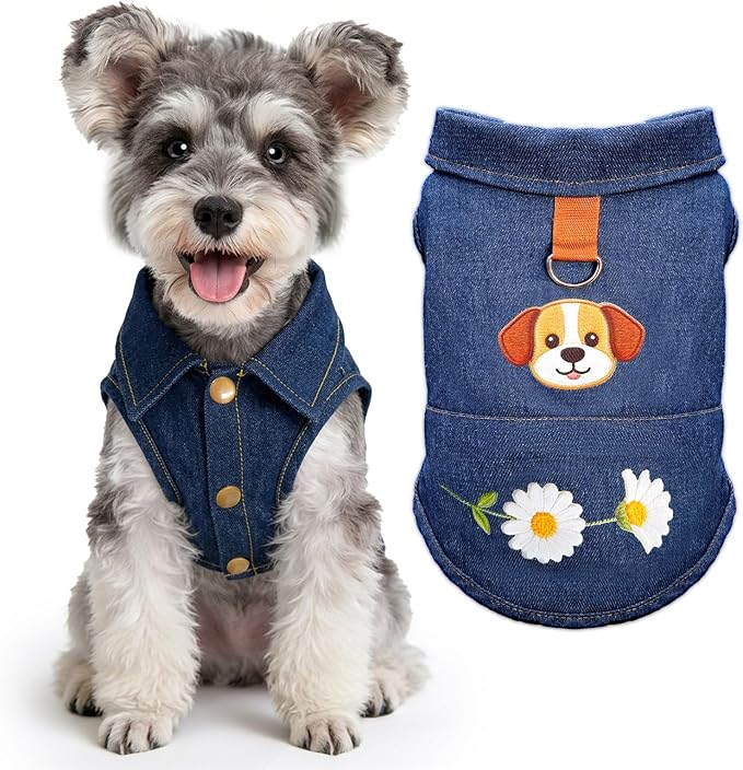 Dog Tshirts for Small Dogs, Soft Breathable 100% Cotton Denim Dog Vest with D-Ring & Cute Bear Daisy Print Dog Shirts for Small Dogs Girl Boy Puppy Clothes Outfits for Chihuahua Yorkie Shih Tzu
