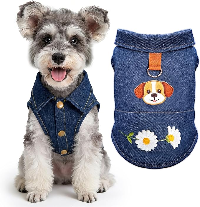 Dog Tshirts for Small Dogs, Soft Breathable 100% Cotton Denim Dog Vest with D-Ring & Cute Bear Daisy Print Dog Shirts for Small Dogs Girl Boy, Puppy Clothes Outfits for Chihuahua Yorkie Shih Tzu