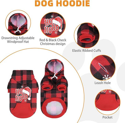 KOOLTAIL Christmas Dog Hoodie, Red Plaid Pet Sweater, Hat Hooded Sweatshirt Dog Clothes for Small Medium Large Dogs Boys Girls, Soft Warm Winter Cold Weather Coat with Leash Hole&Pocket, Santa, M